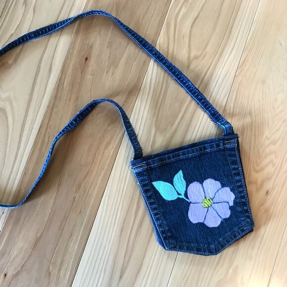 Handmade Crossbody Bag: Over Shoulder Painted Pansy Cell Phone Small Denim Purse - Picture 3 of 9